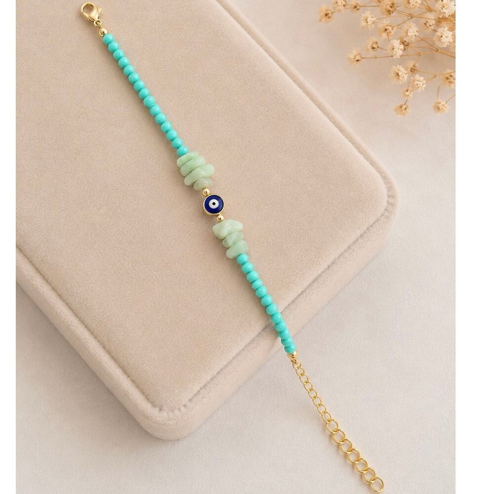 Turquoise Evil Eye Beaded Bracelet Gold Tone Adjustable Handmade